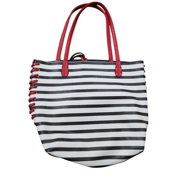 Striped Leather Tote Medium Size Carryall Beachy Casual Everyday Simple Corded - Picture 3 of 4
